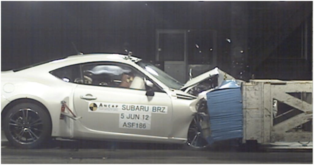 The ANCAP safety rating for the Toyota 86 (2012 – Jan 2022) is based on crash tests of the Subaru BRZ.  Subaru BRZ pictured (frontal offset test at 64km/h).