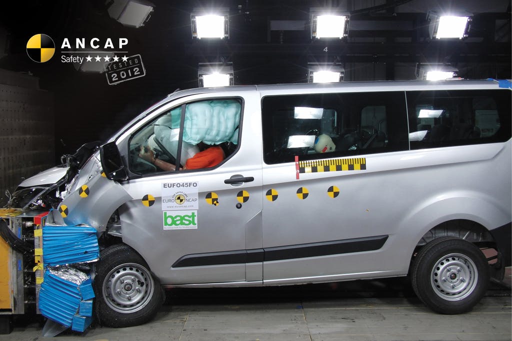 The ANCAP safety rating for the Ford Tourneo Custom (Mar 2014 – onwards) is based on crash tests of the Ford Transit Custom. Ford Transit Custom pictured (frontal offset test at 56km/h)