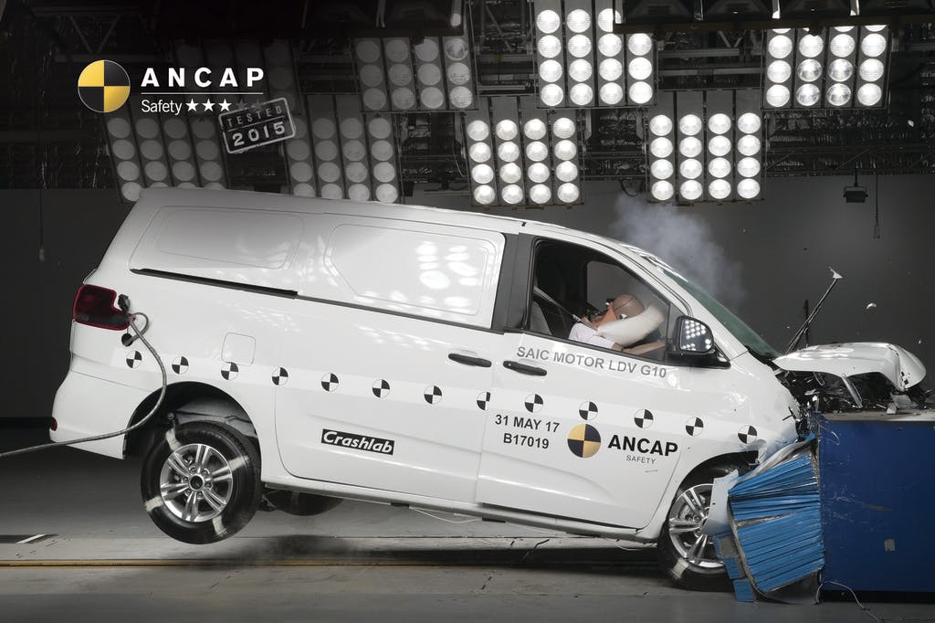 The ANCAP safety rating for the LDV G10 people mover (June 2015 – onwards) is based on crash tests of the LDV G10 van. LDV G10 van crash test pictured (frontal offset test at 64km/h). 