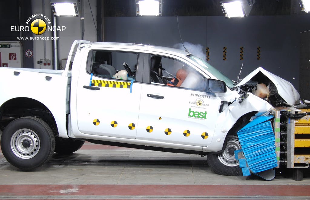 The ANCAP safety rating for the Mazda BT-50 (October 2011 – September 2020) is based on crash tests of the Ford Ranger.  Ford Ranger pictured (frontal offset test at 64km/h).