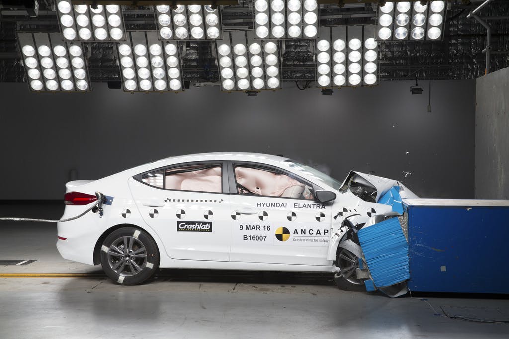 The ANCAP safety rating for the Hyundai i30 wagon (Jan 2018 – onwards) is based on crash tests of the Hyundai Elantra. Hyundai Elantra pictured (frontal offset test at 64km/h). 