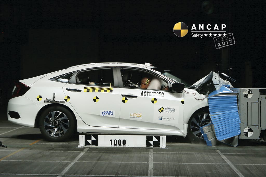 The ANCAP safety rating for the Honda Civic hatch (May 2017 – Jun 2022) is based on crash tests of the Honda Civic sedan.  Honda Civic sedan pictured (frontal offset test at 64km/h). 
