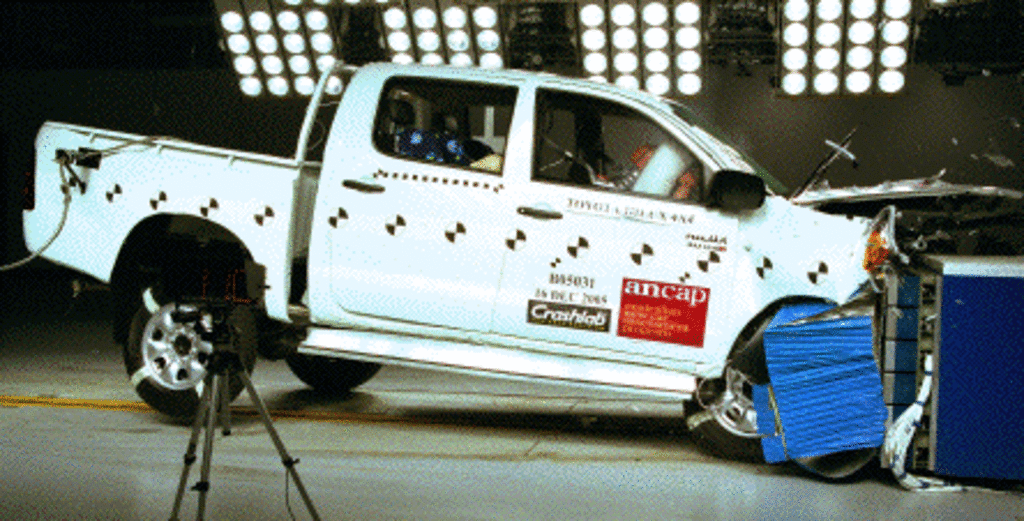 The ANCAP safety rating for the Toyota Hilux 4x4 single and extra cab variants (August 2013 – onward) is based on crash tests of the Toyota Hilux 4x4 dual cab.  Toyota Hilux 4x4 dual cab pictured (frontal offset test at 64km/h).