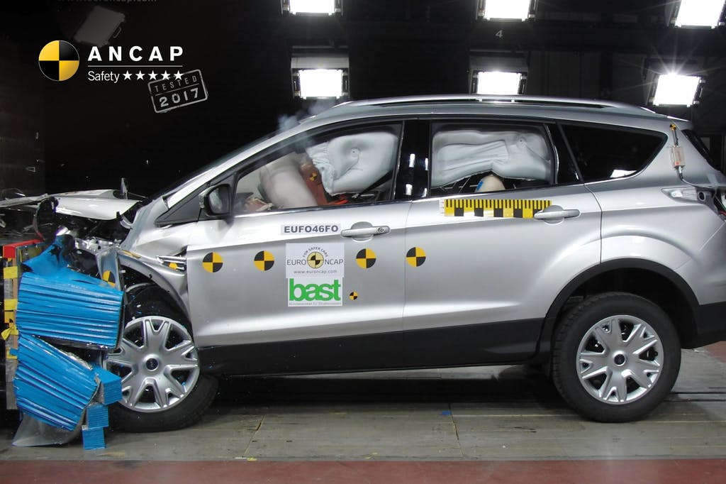 The ANCAP safety rating for the Ford Escape (2017 – Dec 2019) is based on crash tests of the Ford Kuga. Ford Kuga pictured (frontal offset test at 64km/h). 