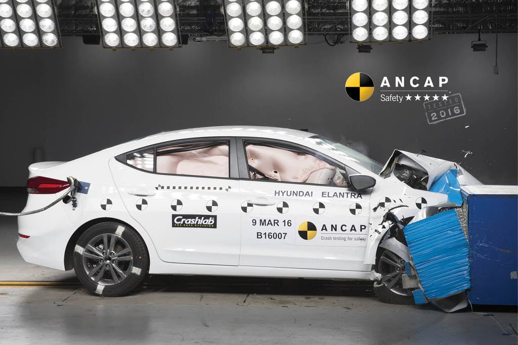 The ANCAP safety rating for the Hyundai i30 (Apr 2017 – onwards) is based on crash tests of the Hyundai Elantra. Hyundai Elantra pictured (frontal offset test at 64km/h). 