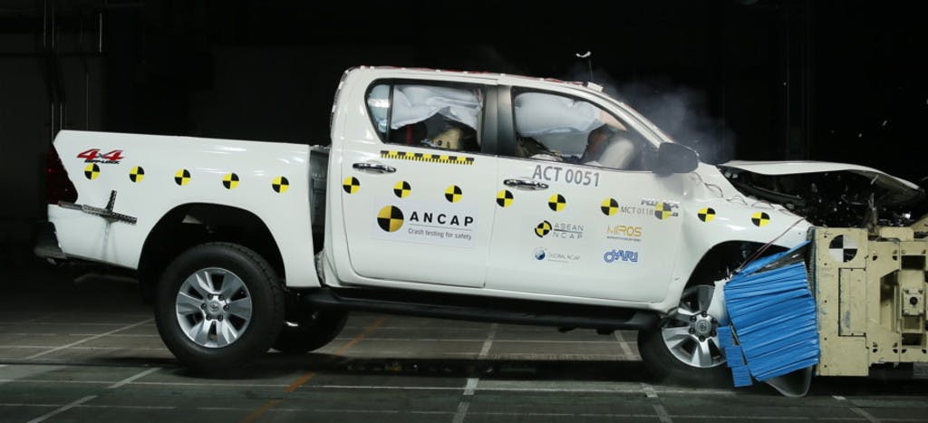 The ANCAP safety rating for the Toyota Fortuner (Aug 2015 – Sep 2019) is based on crash tests of the Toyota Hilux. Toyota Hilux pictured (frontal offset test at 64km/h). 