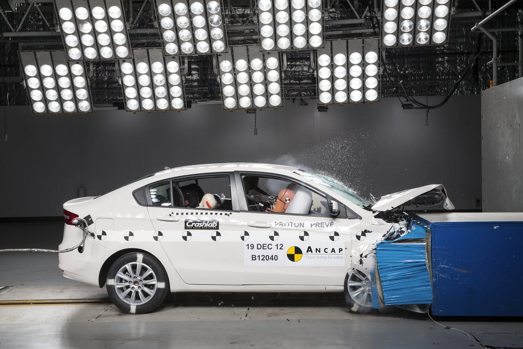 The ANCAP safety rating for the Proton Suprima S (December 2013 – 2017) is based on crash tests of the Proton Preve.  Proton Preve pictured (frontal offset test at 64km/h).