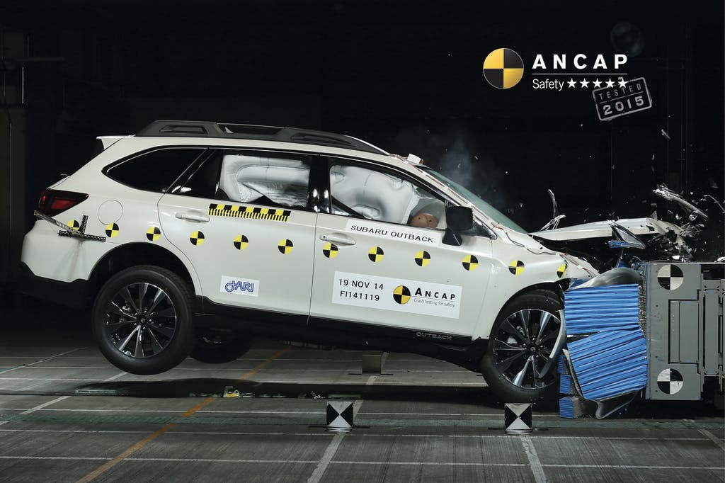 The ANCAP safety rating for the Subaru Liberty (Jan 2015 – Nov 2021) is based on crash tests of the Subaru Outback.  Subaru Outback pictured (frontal offset test at 64km/h).
