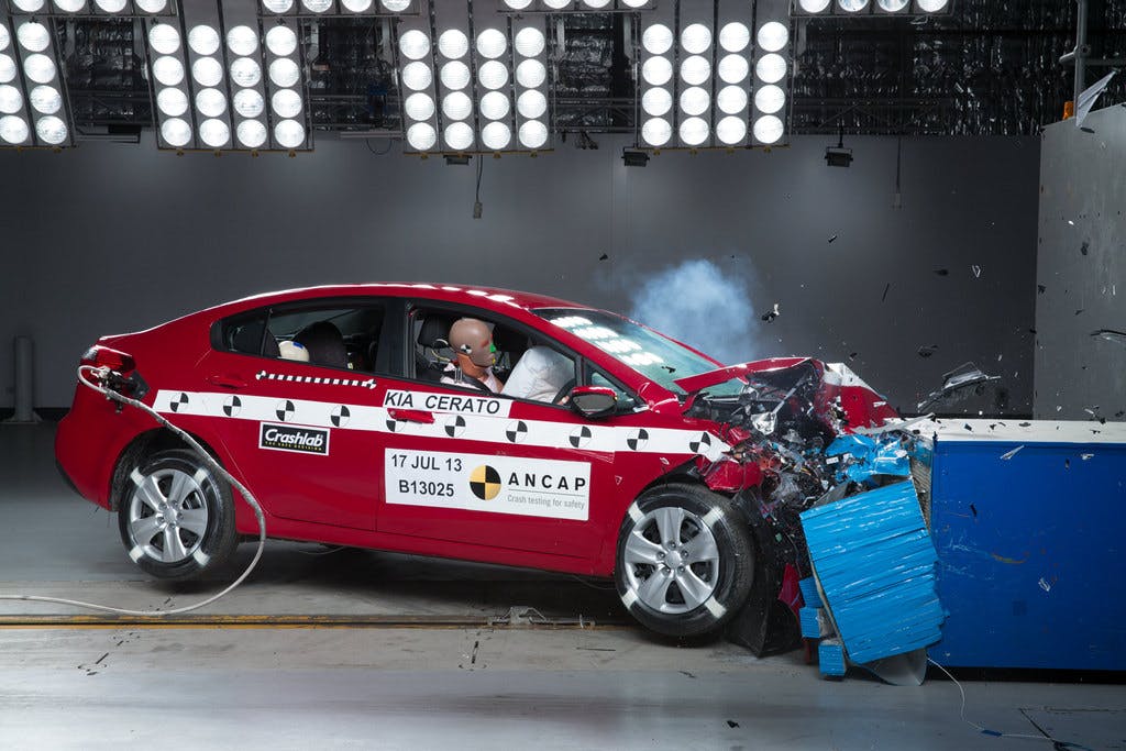 The ANCAP safety rating for the Kia Cerato Koup (Oct 2013 – 2016) is based on crash tests of the Kia Cerato sedan.  Kia Cerato sedan pictured (frontal offset test at 64km/h).
