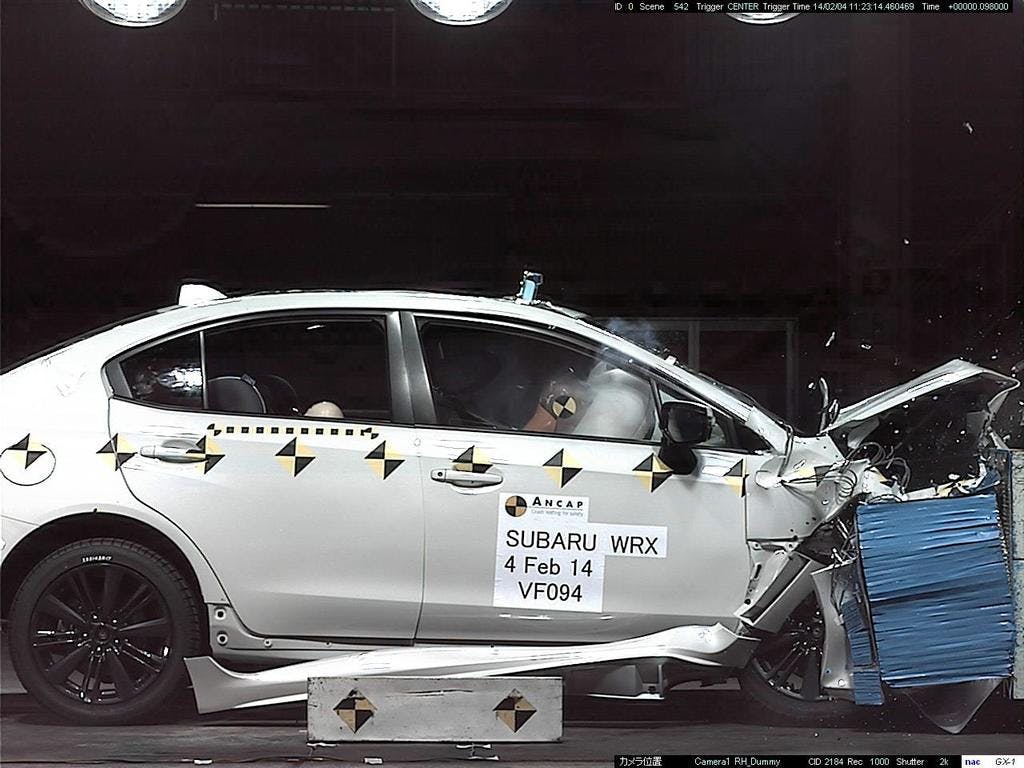 The ANCAP safety rating for the Subaru Levorg (June 2016 – Feb 2021) is based on crash tests of the Subaru WRX. Subaru WRX pictured (frontal offset test at 64km/h). 
