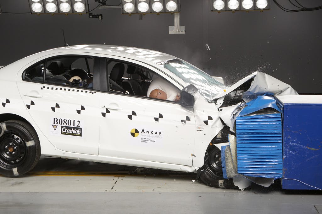 The ANCAP safety rating for the Mitsubishi Lancer Sportback (2008 – 2009) is based on crash tests of the Mitsubishi Lancer sedan.  Mitsubishi Lancer sedan frontal offset test at 64km/h pictured.