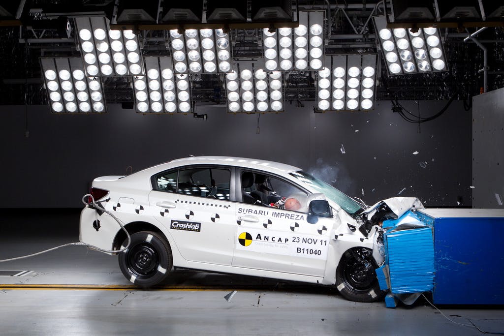 The ANCAP safety rating for the Subaru XV (2012 – April 2017) is based on crash tests of the Subaru Impreza.  Subaru Impreza pictured (frontal offset test at 64km/h).