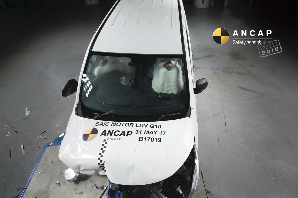 The ANCAP safety rating for the LDV G10 people mover (June 2015 – onwards) is based on crash tests of the LDV G10 van. LDV G10 van crash test pictured (frontal offset test at 64km/h). 