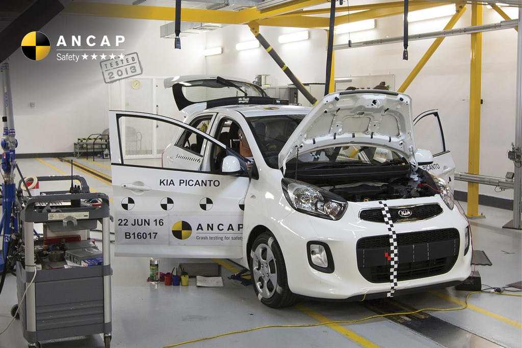 Kia Picanto audit test.  Frontal offset test set-up.
