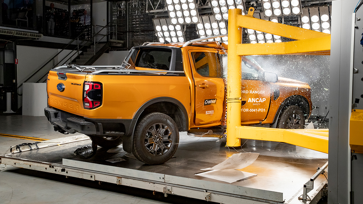 The current model Ford Ranger undergoing ANCAP safety testing